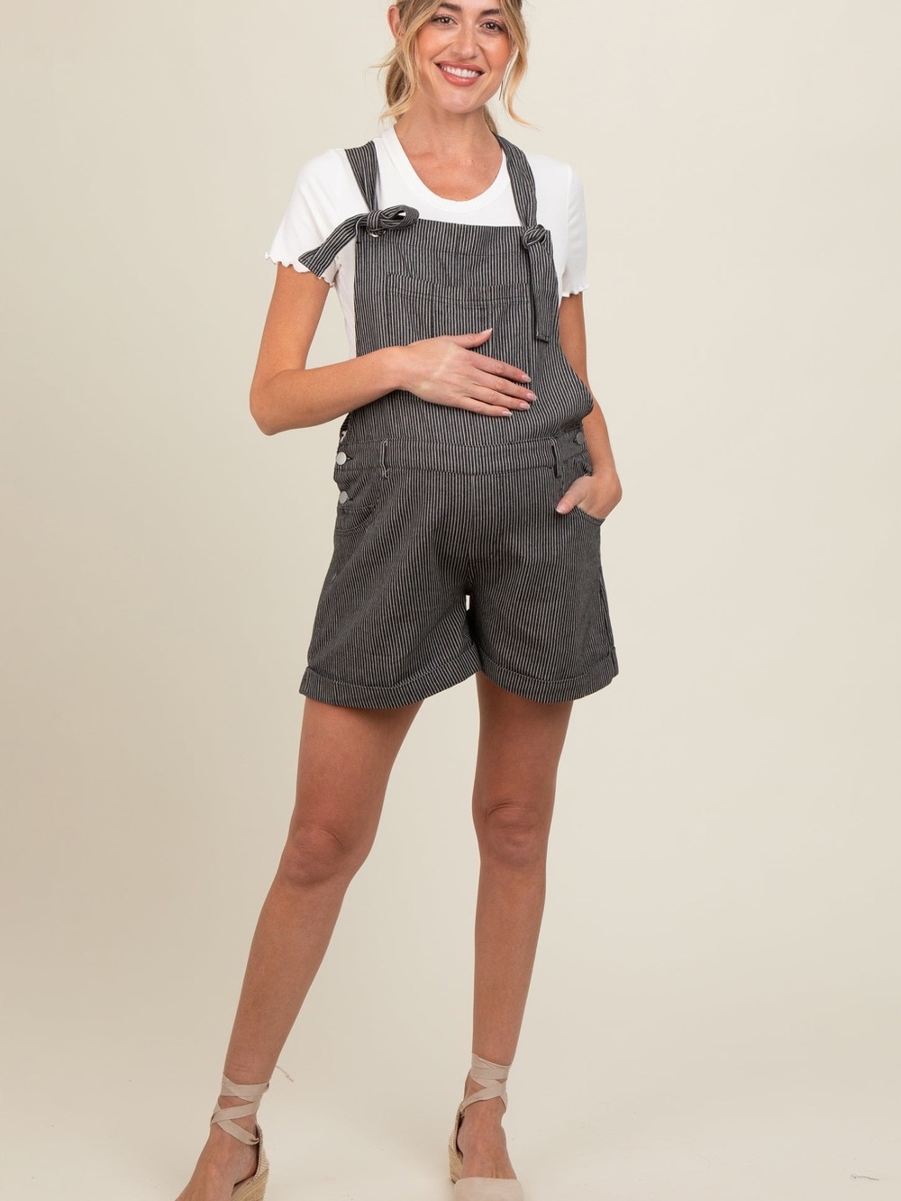 BiBi Black Pinstripe Short Overalls with Tie Straps